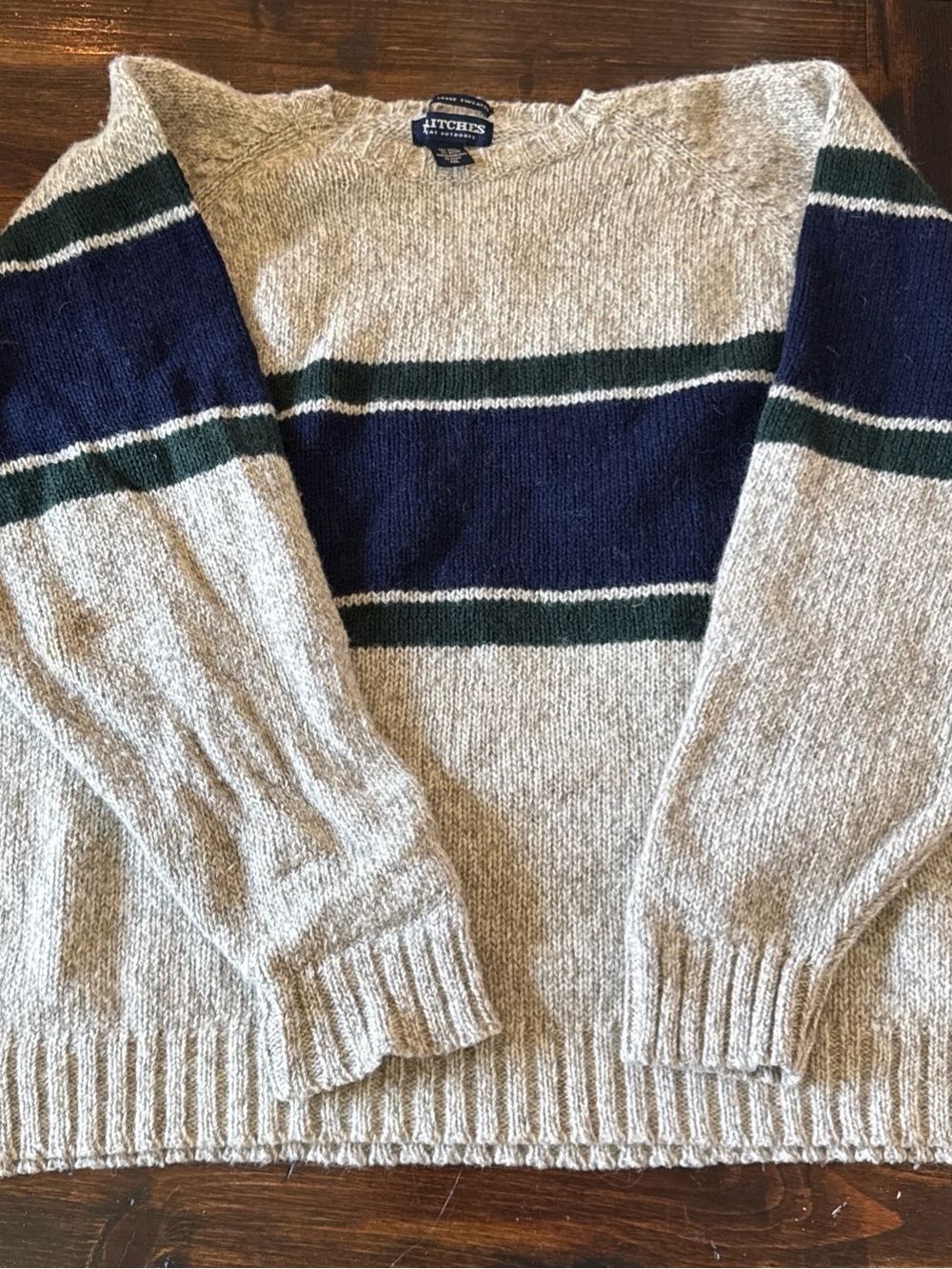 VTG Britches Men’s 91% Wool Crewneck Sweater Beige w Navy and Green Stripe 2XL